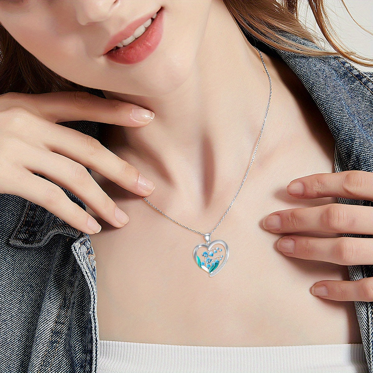 925 Sterling Silvery Bell Orchid Heart Pendant Necklace for Women - April Birthstone, Synthetic Stone, Vacation Style, Ideal for Daily Wear & Gifting, Everyday Jewelry|Vacation Style Necklace|Durable Jewelry
