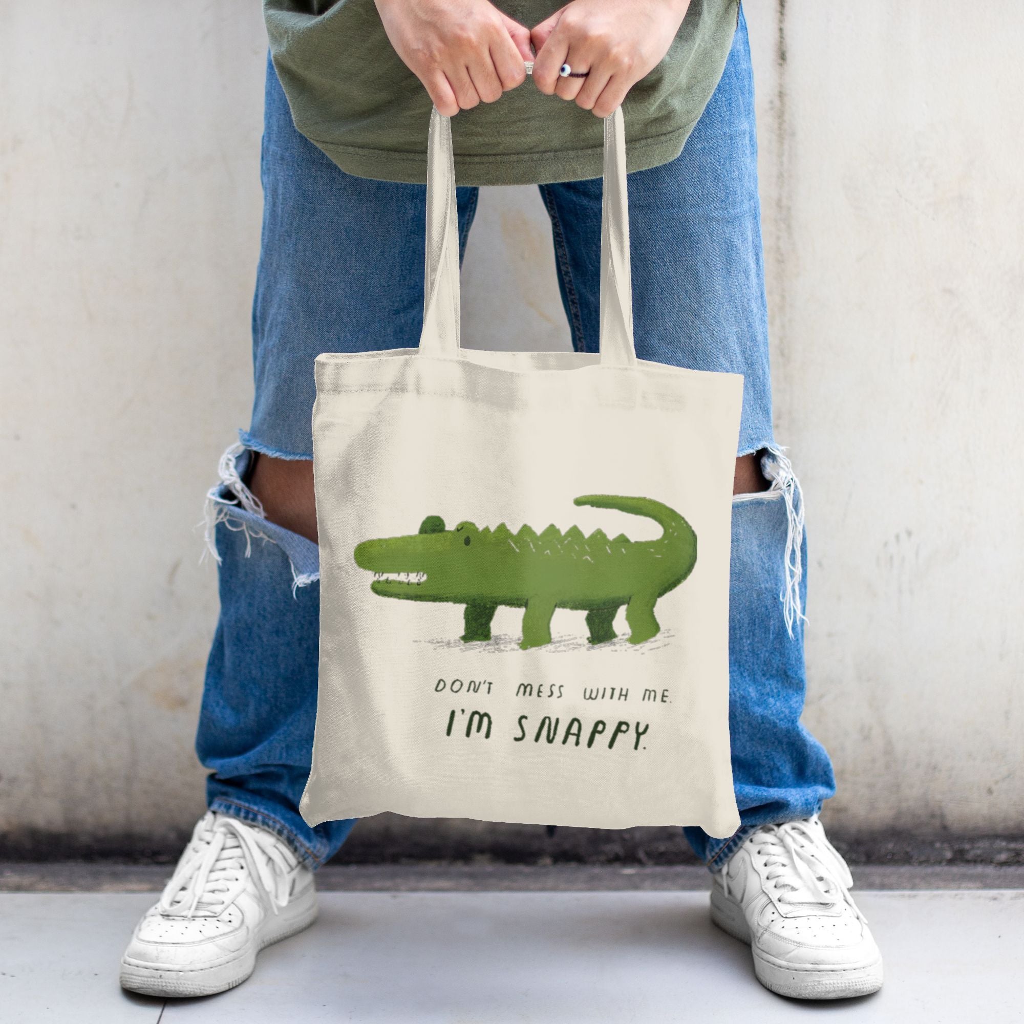 I'm Snappy Classi Retro Canvas Shoulder Bag - Square Gym & Shopping Tote with Green Alligator Graphic & \