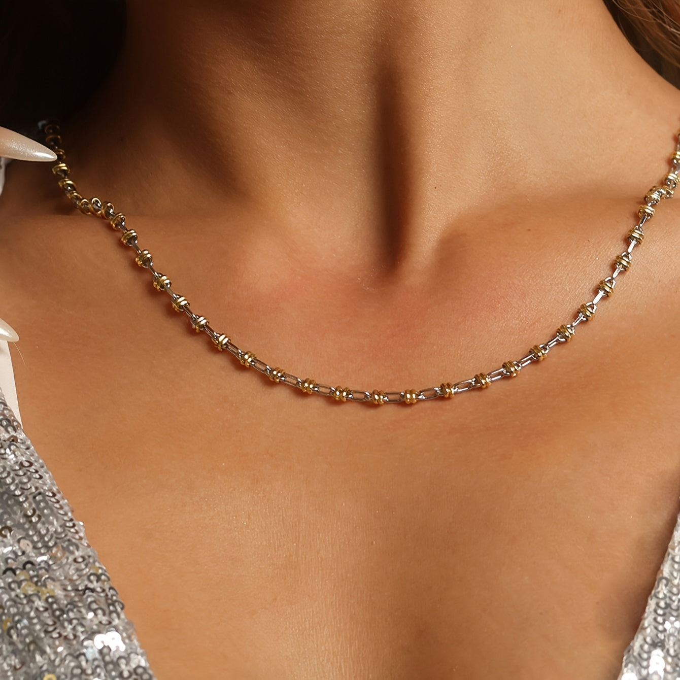 1pc 925 Sterling Silvery Plated with 18K gold plated Plated Dual-Color Fashionable Luxury Necklace for Men\u002FWomen Minimalist High-Quality Clavicle Chain Cuban Link Suitable for Daily, Vacation, and Street Style Wear