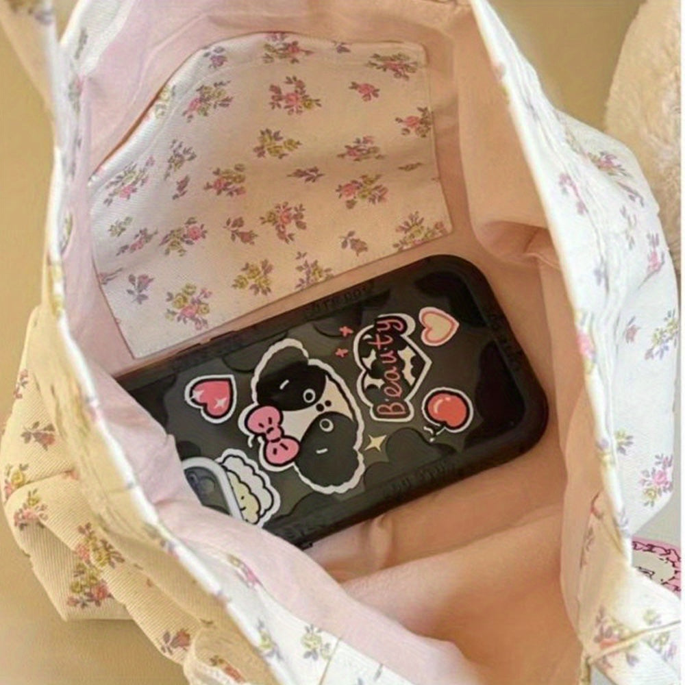 Large Capacity Floral Print Tote Bag with Lace Bow & Pink Heart Patch - Anime-Inspired Women'S Shoulder Bag, 12. 99x7. 87x2. 95in, Machine Washable Open Top for Shopping, Work, Beach, Everyday Carryall, Animeinspired Design, Polyester Lined Interior