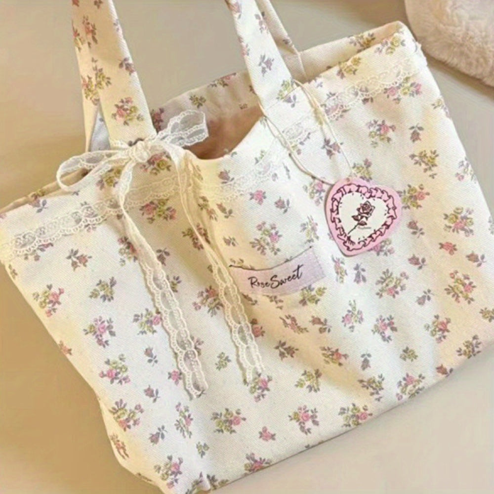 Large Capacity Floral Print Tote Bag with Lace Bow & Pink Heart Patch - Anime-Inspired Women'S Shoulder Bag, 12. 99x7. 87x2. 95in, Machine Washable Open Top for Shopping, Work, Beach, Everyday Carryall, Animeinspired Design, Polyester Lined Interior