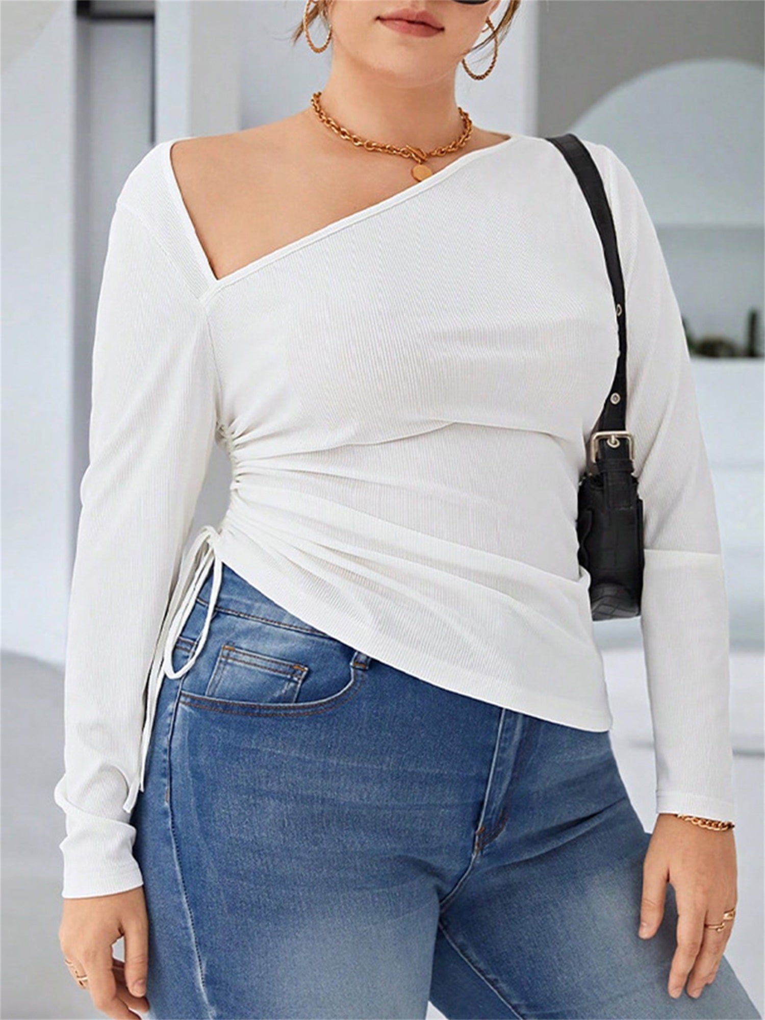 Plus Size - Plus Size Women'S Elegant Asymmetrical Cut-Out Slash Neck Long Sleeve T-Shirt - Solid Color