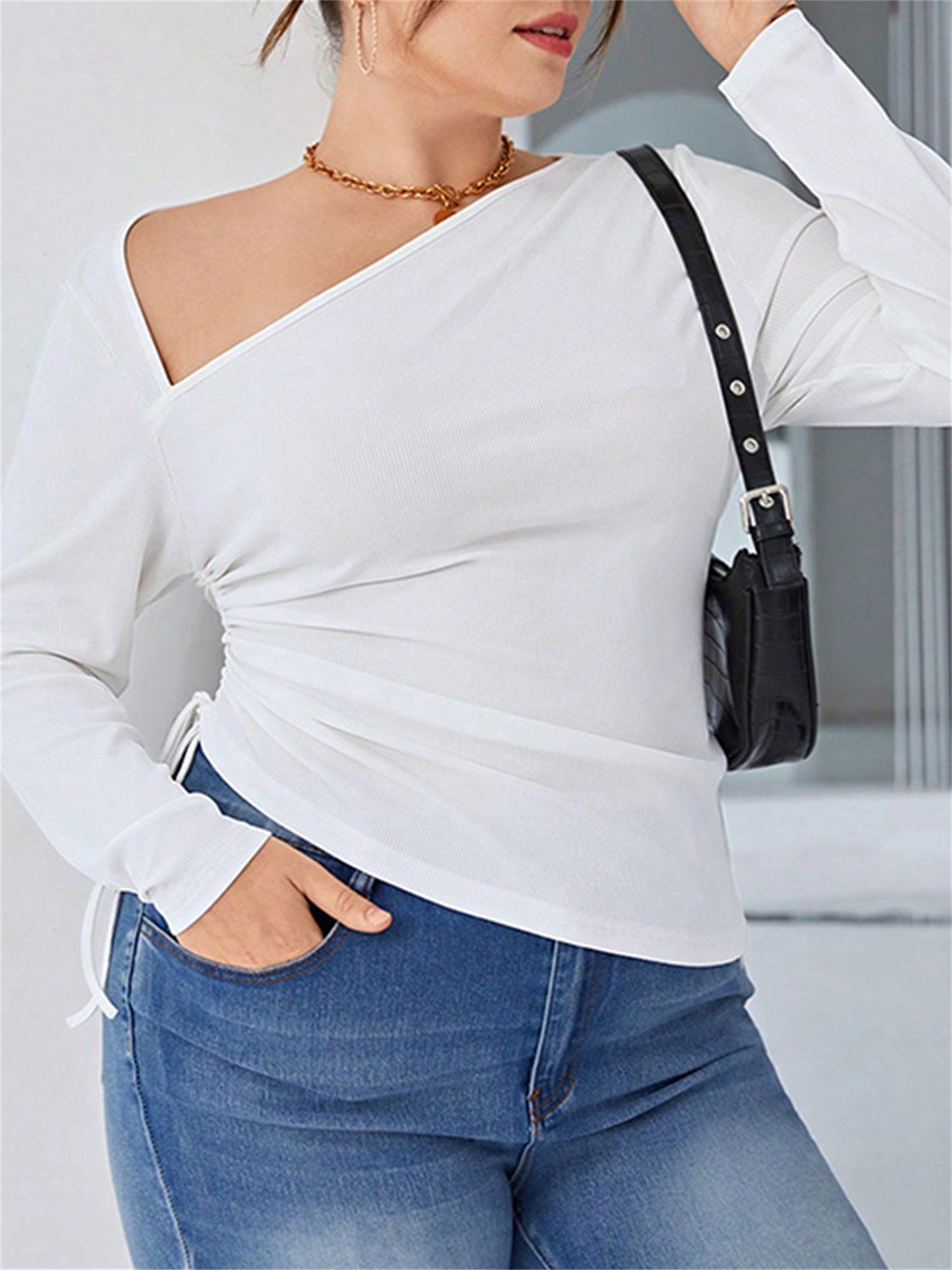 Plus Size - Plus Size Women'S Elegant Asymmetrical Cut-Out Slash Neck Long Sleeve T-Shirt - Solid Color