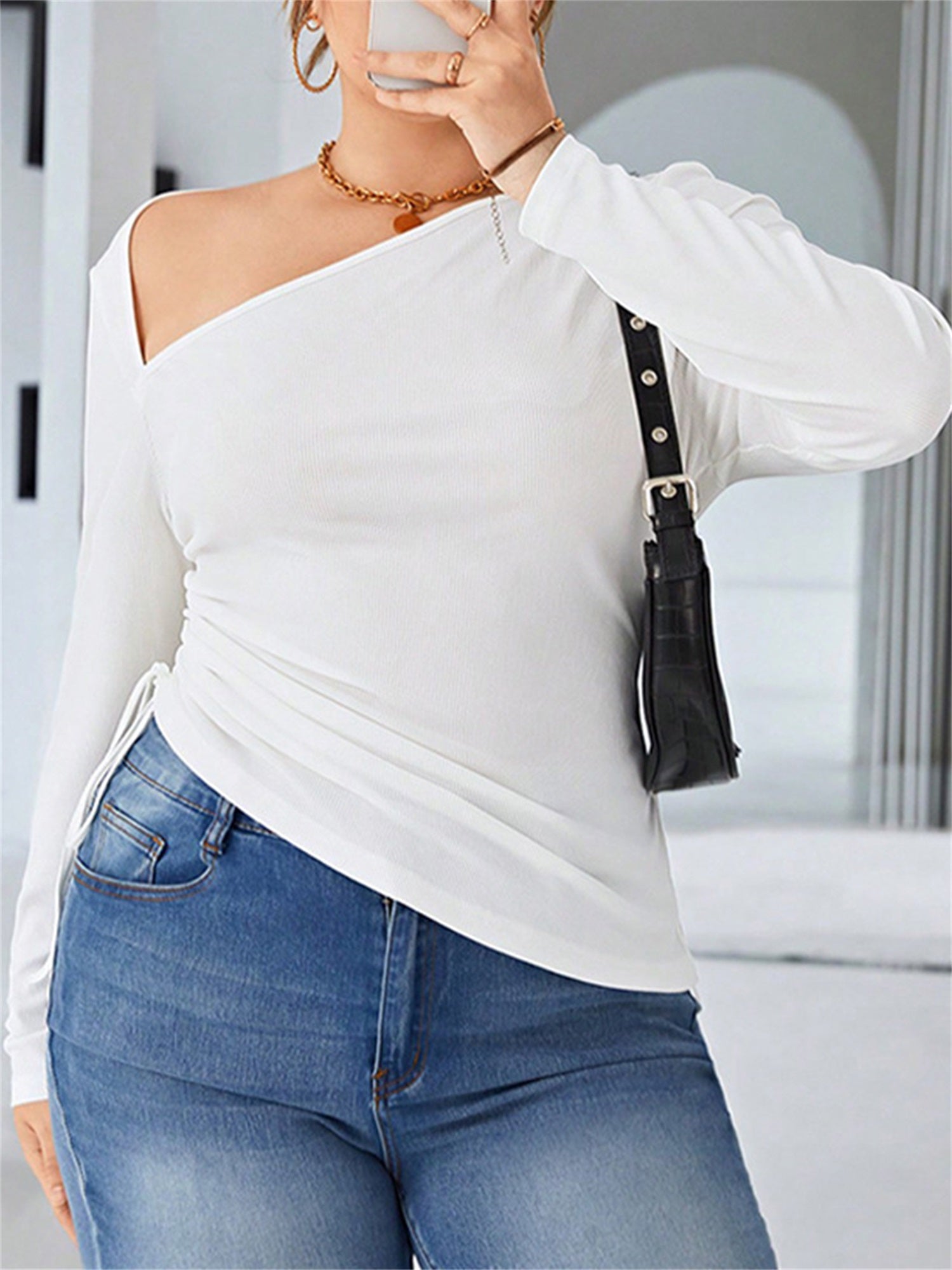 Plus Size - Plus Size Women'S Elegant Asymmetrical Cut-Out Slash Neck Long Sleeve T-Shirt - Solid Color