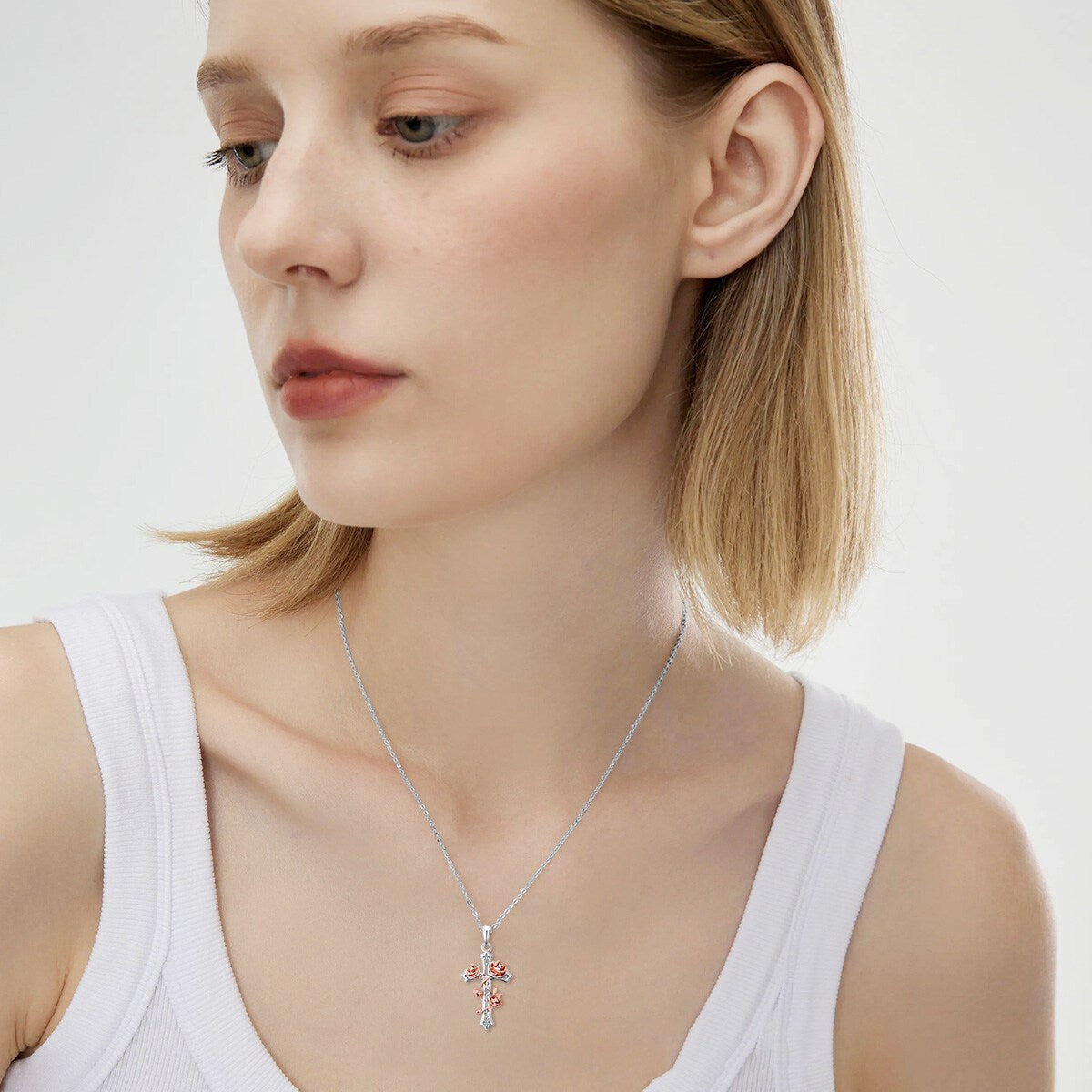 Elegant 925 Sterling Silver Cross Pendant Necklace with Lab-Grown Diamonds and Floral Accents - Ideal Gift for Mother, Wife, Girlfriend, Everyday Jewelry|Elegant Necklace|Detailed Craftsmanship