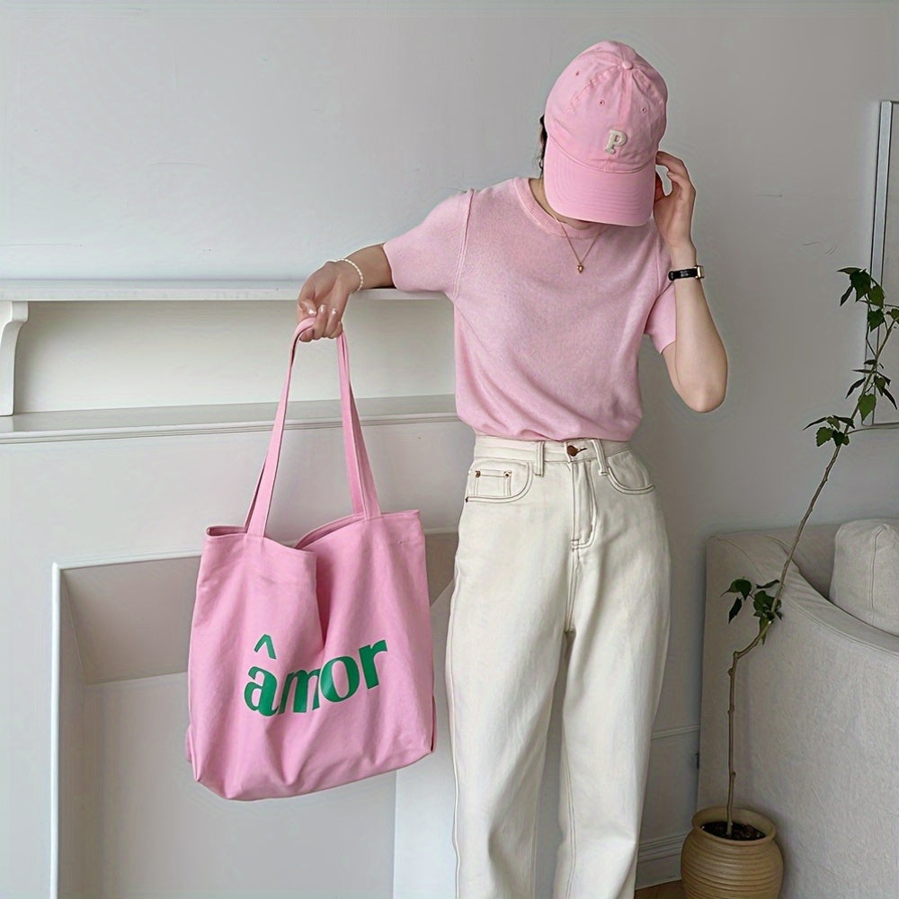 Stylish Pink Canvas Tote Bag for Women with Green \