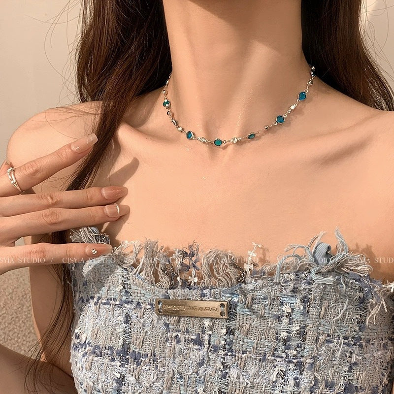 1pc Elegant & Sexy Stainless Steel Collarbone Chain Necklace with Blue & Clear Artificial Crystal Pendant - Lightweight Durable Jewelry for Daily Wear, Vacation, Year-Round Accessory