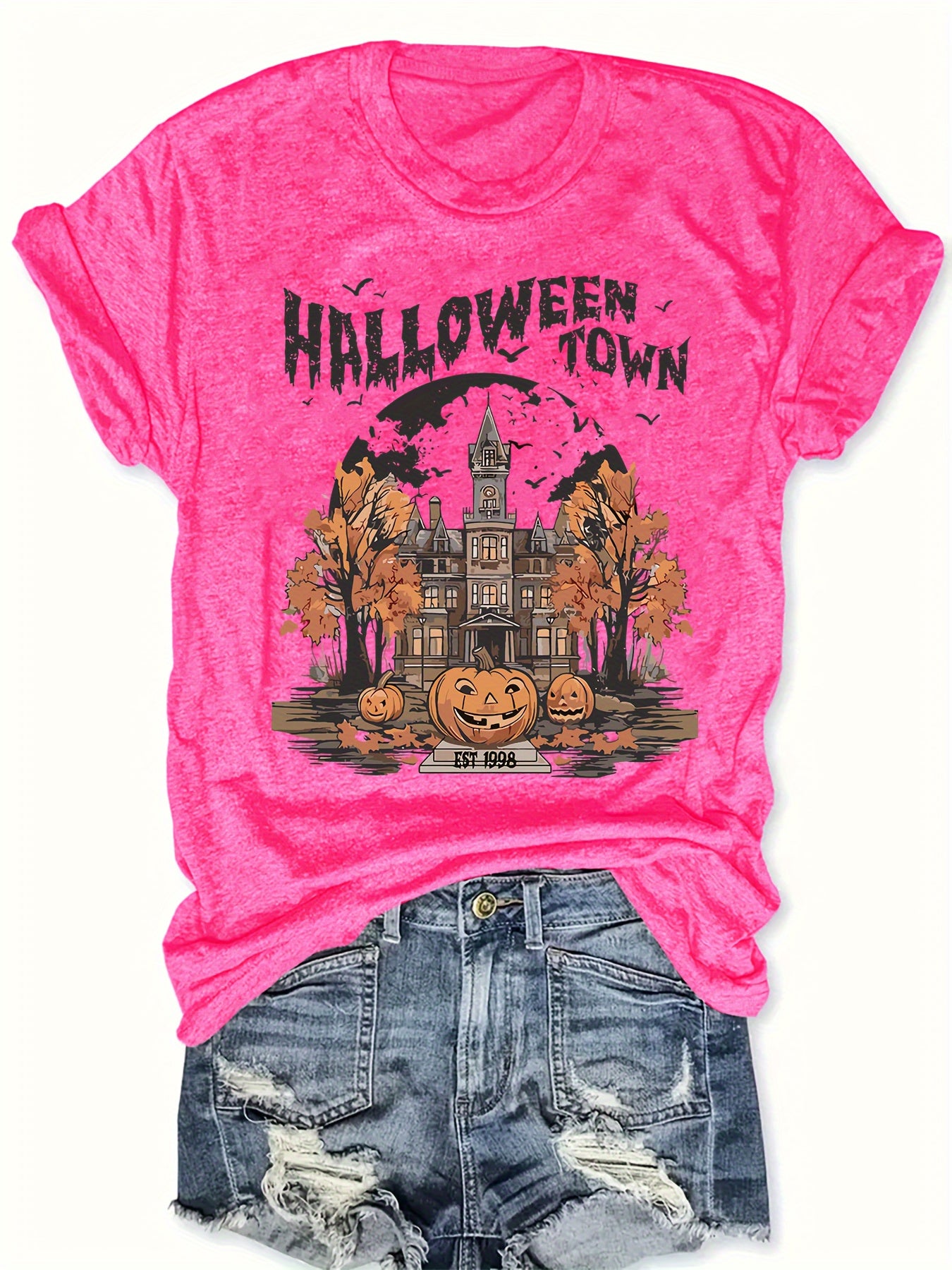 Women's Plus Size Halloween Town Graphic T-Shirt - Short Sleeve Round Neck Casual Top with Spooky Mansion
