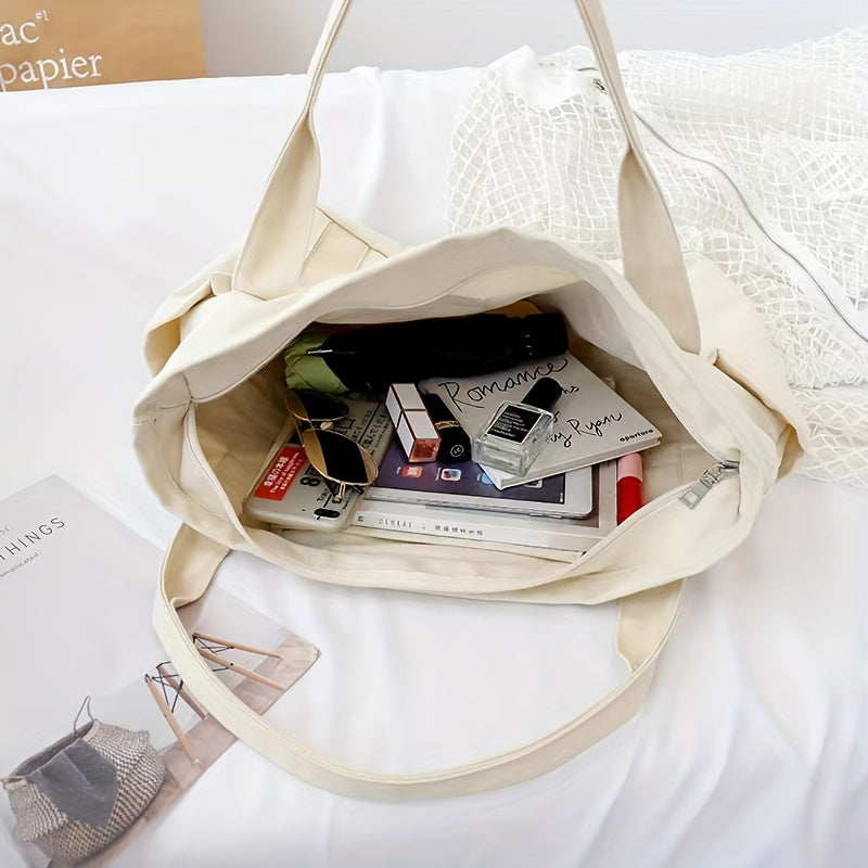 Women's Casual Tote Bag - Spacious Open-Top Shoulder Bag with Navy Blue Sleeves, Durable Beige & Black Handbag for Everyday Use, Shopping, Work & Outings, Sturdy Handles