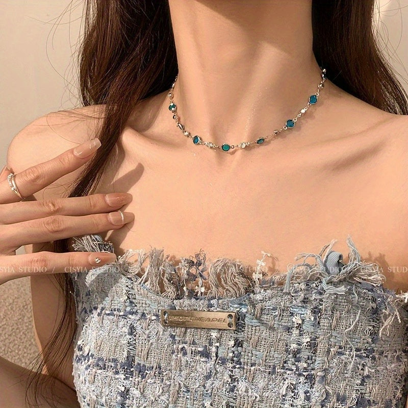 1pc Elegant & Sexy Stainless Steel Collarbone Chain Necklace with Blue & Clear Artificial Crystal Pendant - Lightweight Durable Jewelry for Daily Wear, Vacation, Year-Round Accessory