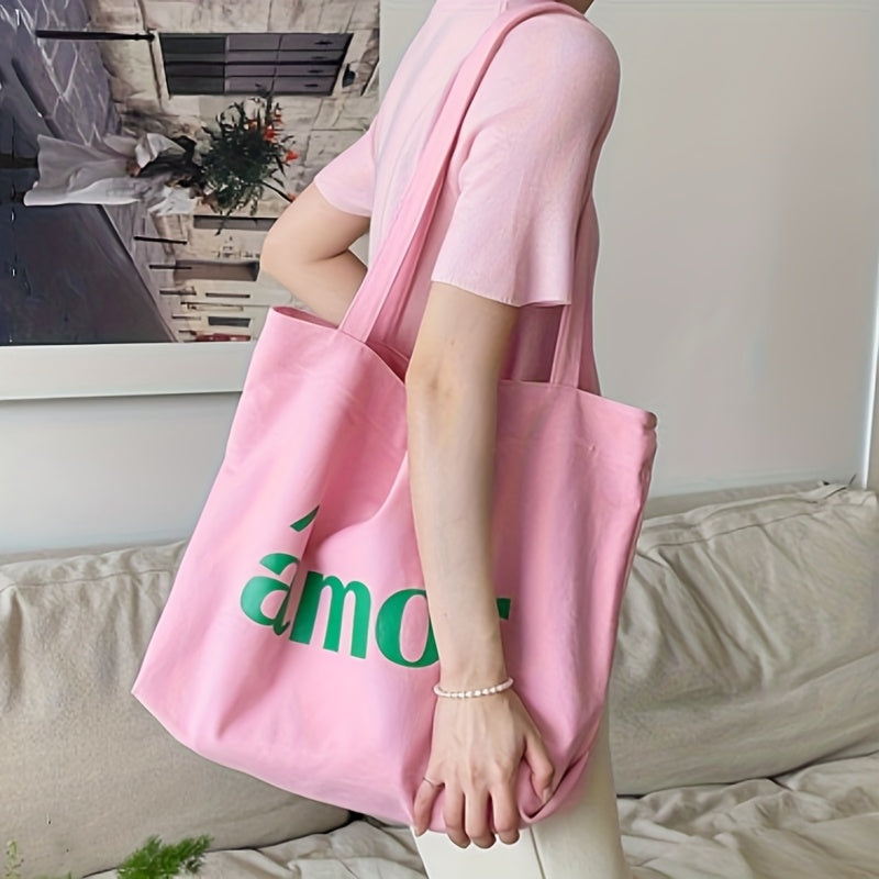 Stylish Pink Canvas Tote Bag for Women with Green \