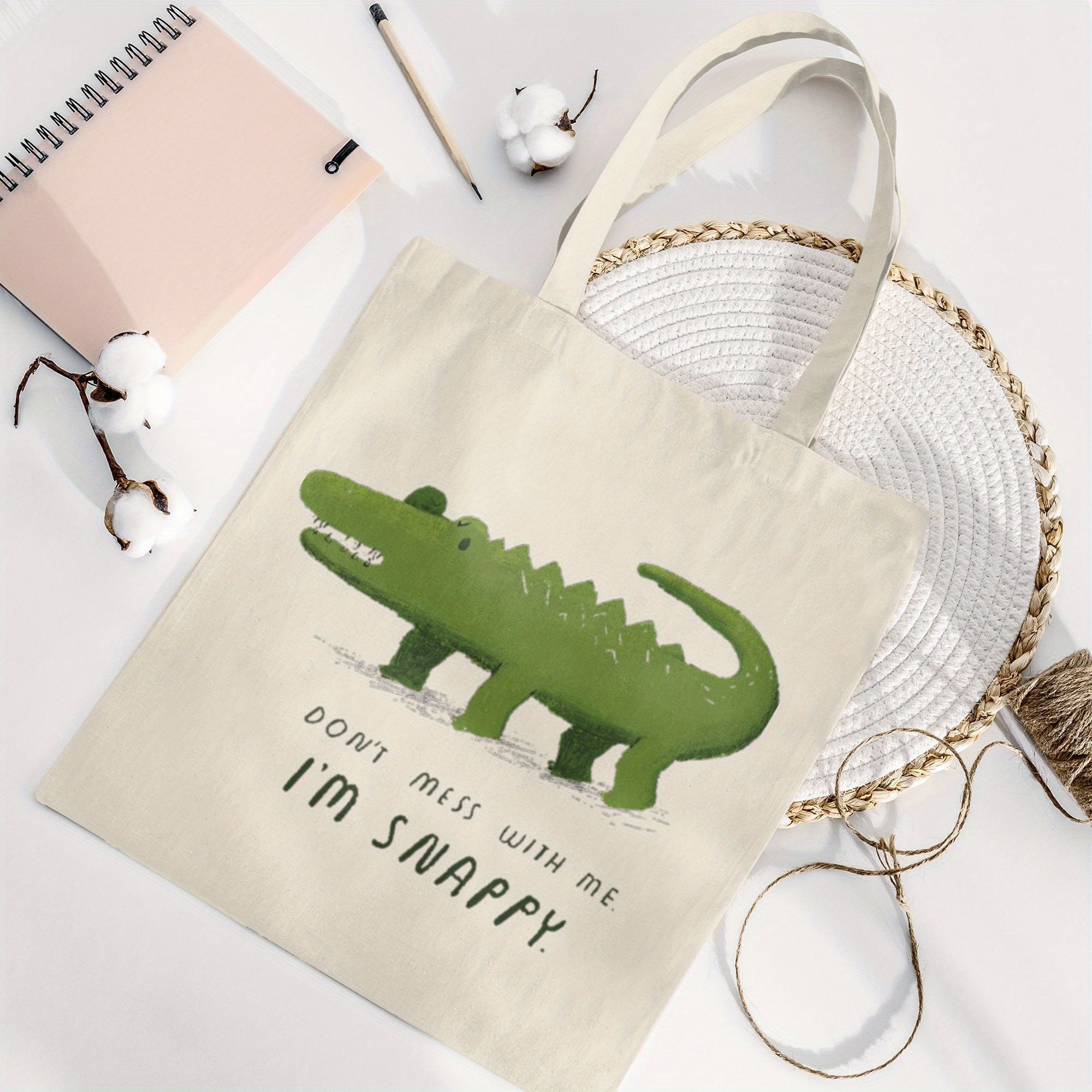 I'm Snappy Classi Retro Canvas Shoulder Bag - Square Gym & Shopping Tote with Green Alligator Graphic & \