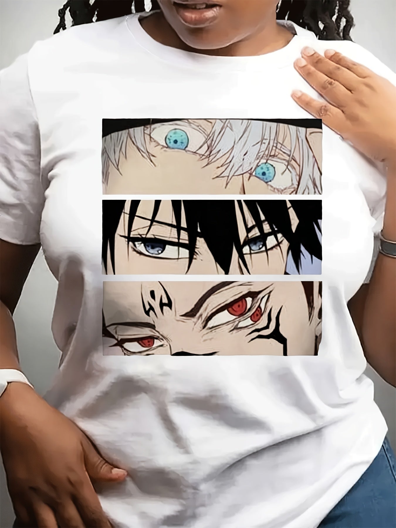 Plus Size, Plus-Size Women's Anime Eye Print Casual Short-Sleeve Shirt - 2D Cultural Graphic Tee with Vibrant Character Eyes