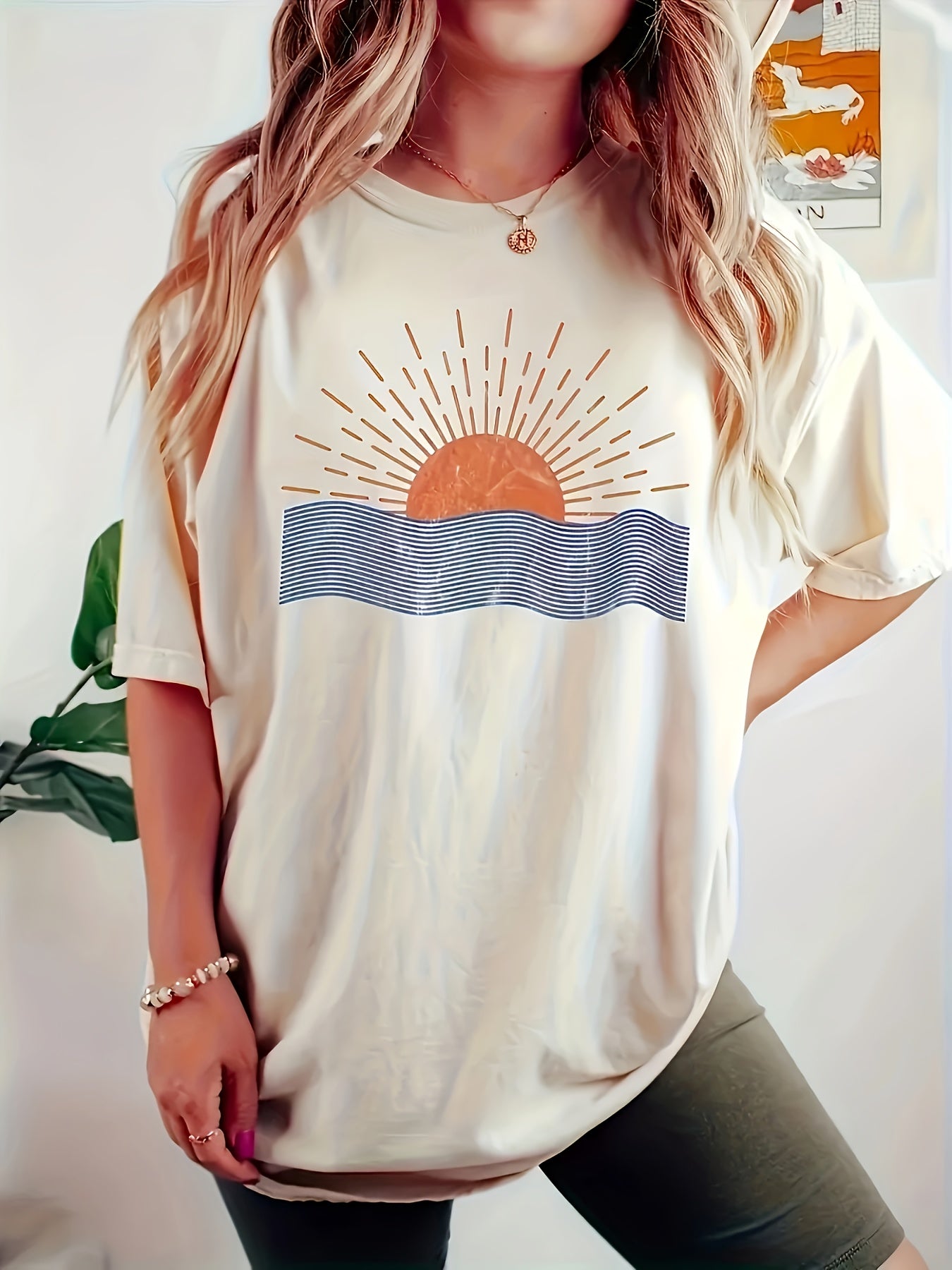 Plus-Size Women's Round Neck T-Shirt - Sun & Waves Graphic in Fresh Orange & Blue
