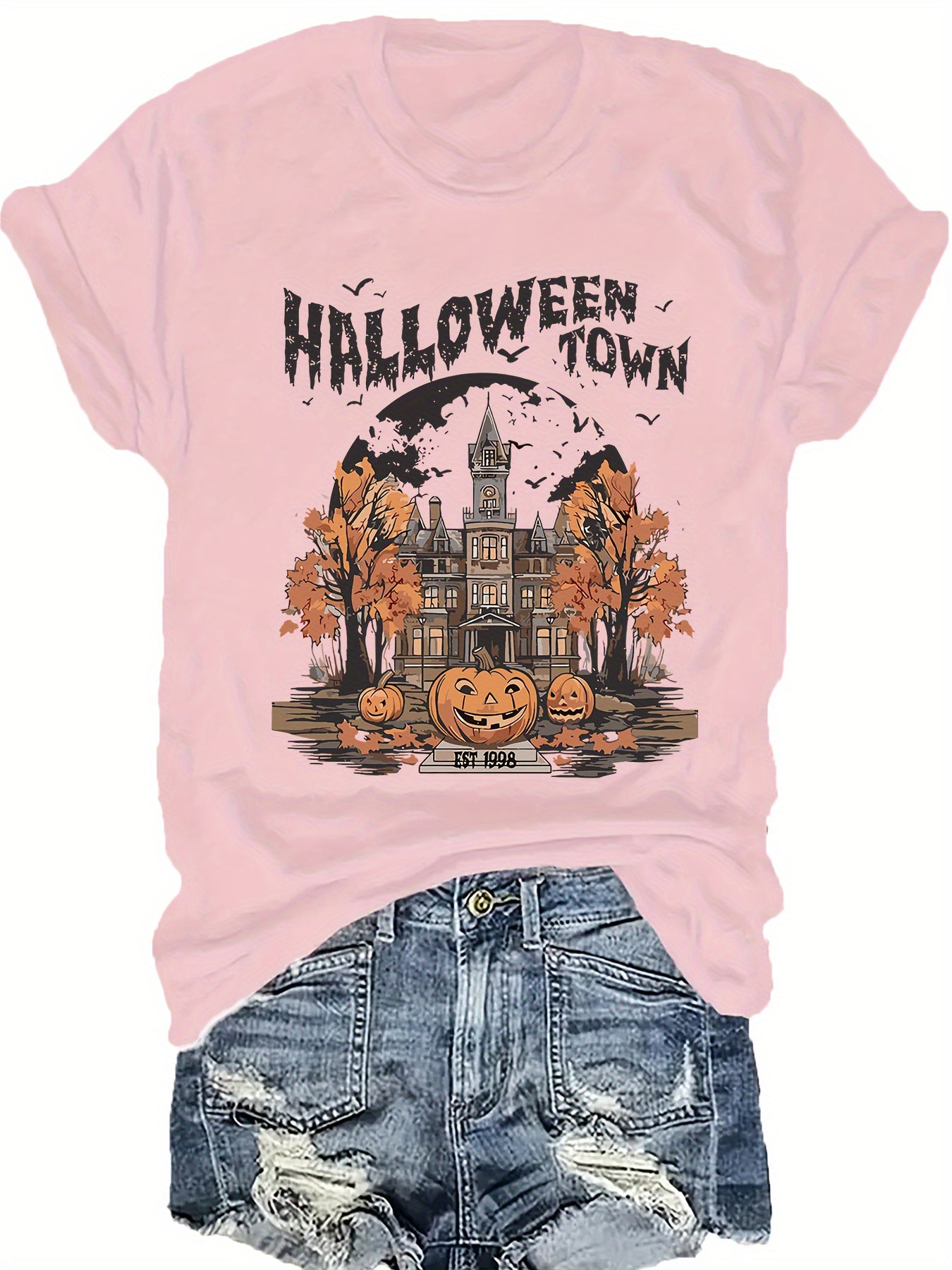 Women's Plus Size Halloween Town Graphic T-Shirt - Short Sleeve Round Neck Casual Top with Spooky Mansion