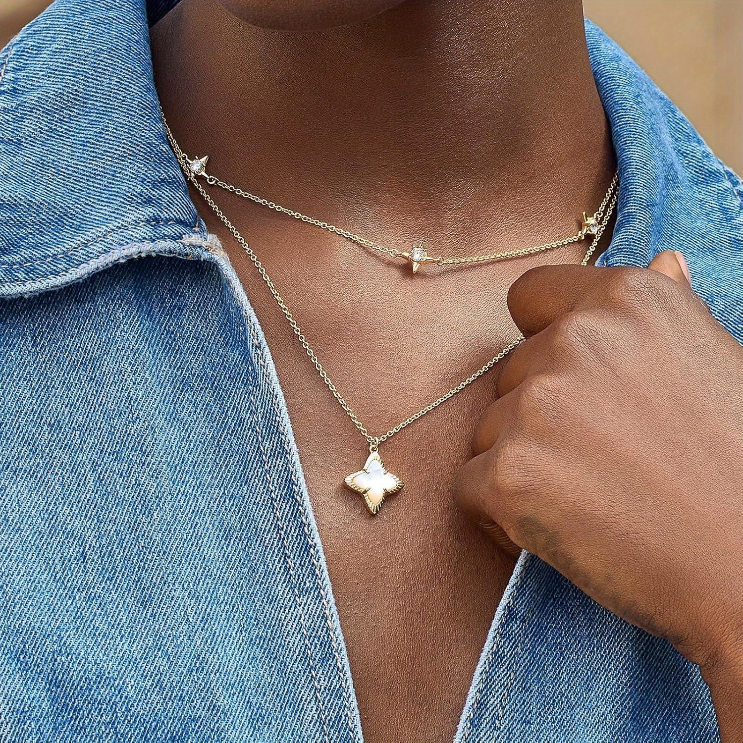 Cicy Bell Womens Four Point Star Necklace Sets Double Layer Chain Cubic Mother of Lucky Pendant Necklace