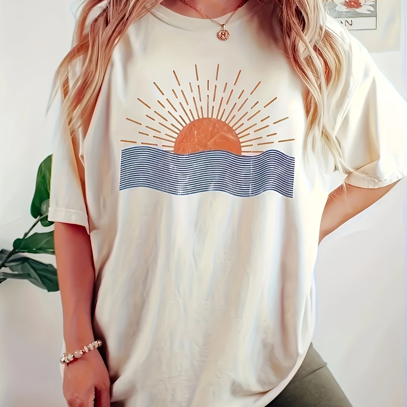 Plus-Size Women's Round Neck T-Shirt - Sun & Waves Graphic in Fresh Orange & Blue