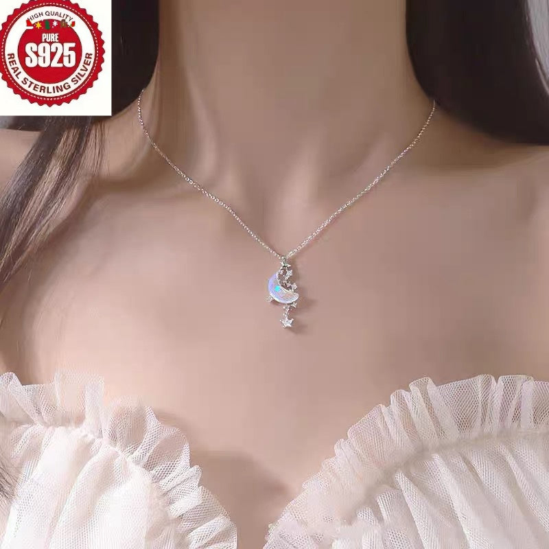 925 Silver Moon Splashing Star River Necklace for Women, Aurora Glazed Stone Star and Moon Pendant Clavicle Chain, Non-Fading Color, Suitable for Banquets, Parties, Daily Wear - Elegant, Sexy, Luxurious, Suitable as Valentine's Day or Birthday Gifts
