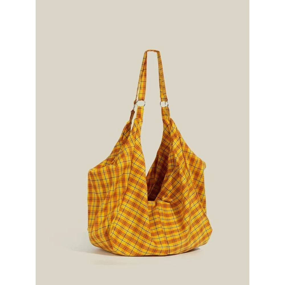 2025 Yellow Plaid Canvas Tote Bag for Women - Large Capacity, Lightweight, Double-Sided Shoulder Handbag with Adjustable Strap, Vintage Commuter Shopping Bag, Casual Daypack | Vintage Plaid Design | Durable Canvas Material, Large Tote Bag