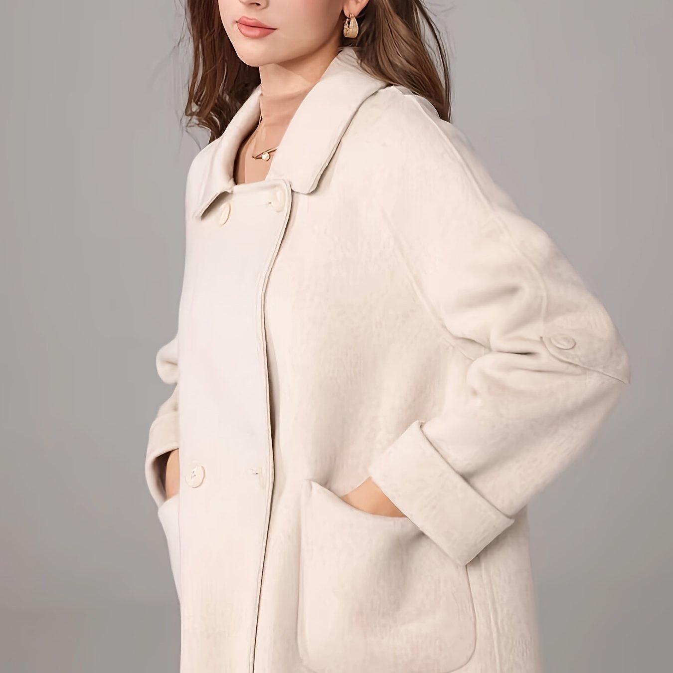 Elegant White Long Coat for Women - Chic Long Sleeve, Button-Up, Flap Pockets, Polyester Blend