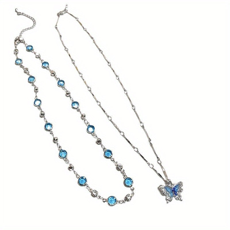 1pc Elegant & Sexy Stainless Steel Collarbone Chain Necklace with Blue & Clear Artificial Crystal Pendant - Lightweight Durable Jewelry for Daily Wear, Vacation, Year-Round Accessory