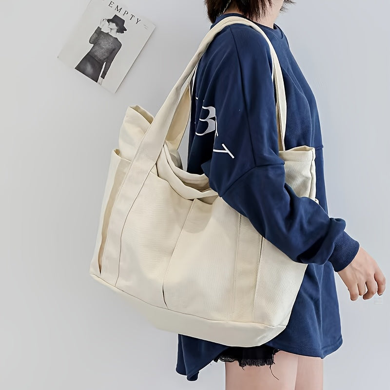 Women's Casual Tote Bag - Spacious Open-Top Shoulder Bag with Navy Blue Sleeves, Durable Beige & Black Handbag for Everyday Use, Shopping, Work & Outings, Sturdy Handles