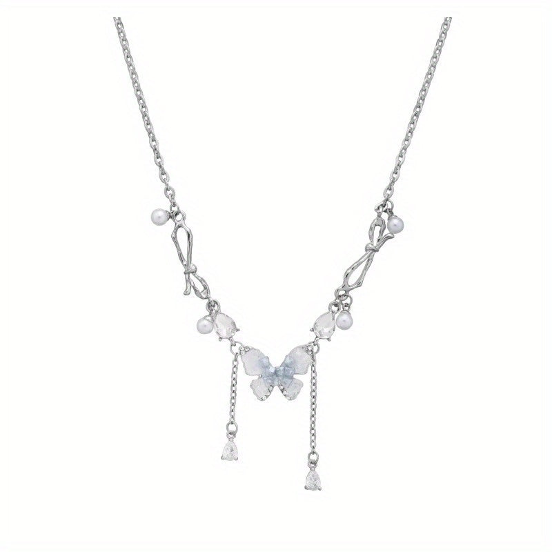 Blue Gradient Crystal Butterfly Necklace, Collarbone Chain, High-End Pearl Necklace Accessory