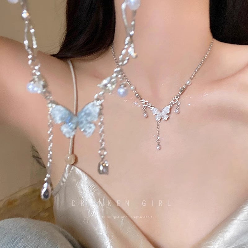 Blue Gradient Crystal Butterfly Necklace, Collarbone Chain, High-End Pearl Necklace Accessory