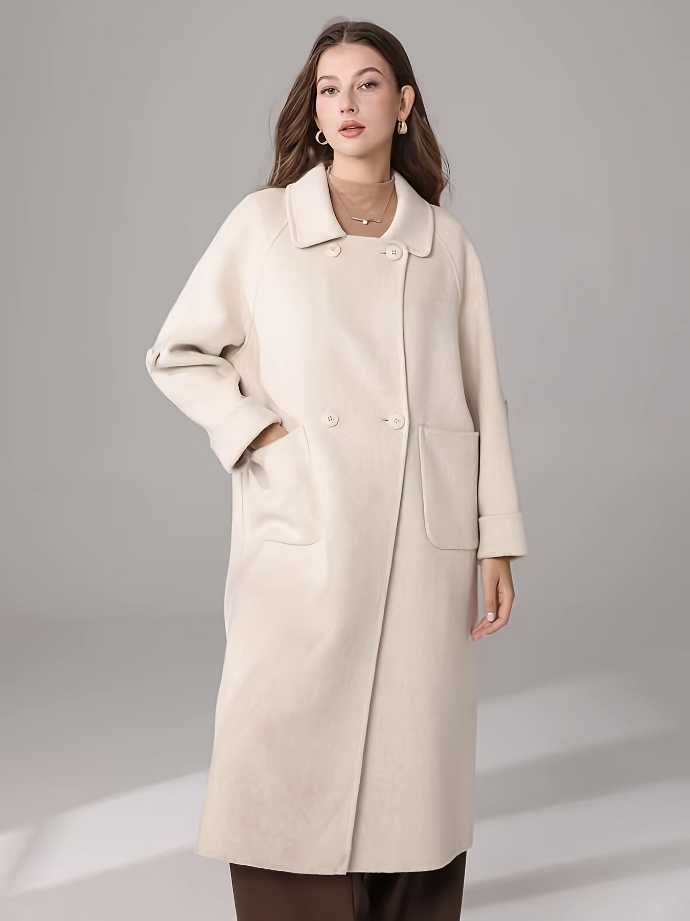 Elegant White Long Coat for Women - Chic Long Sleeve, Button-Up, Flap Pockets, Polyester Blend
