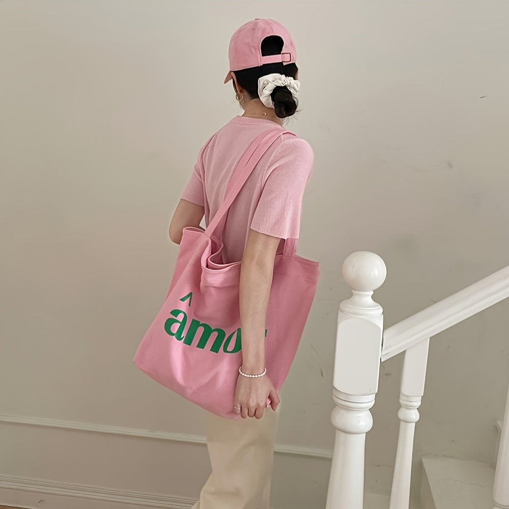 Stylish Pink Canvas Tote Bag for Women with Green \