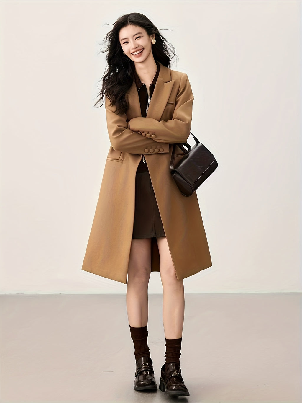 100% Wool Worsted Long Open-Front Coat Elegant for Commuting