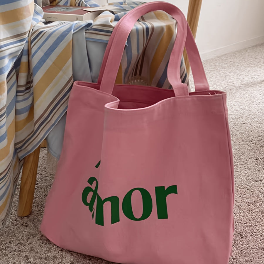 Stylish Pink Canvas Tote Bag for Women with Green \