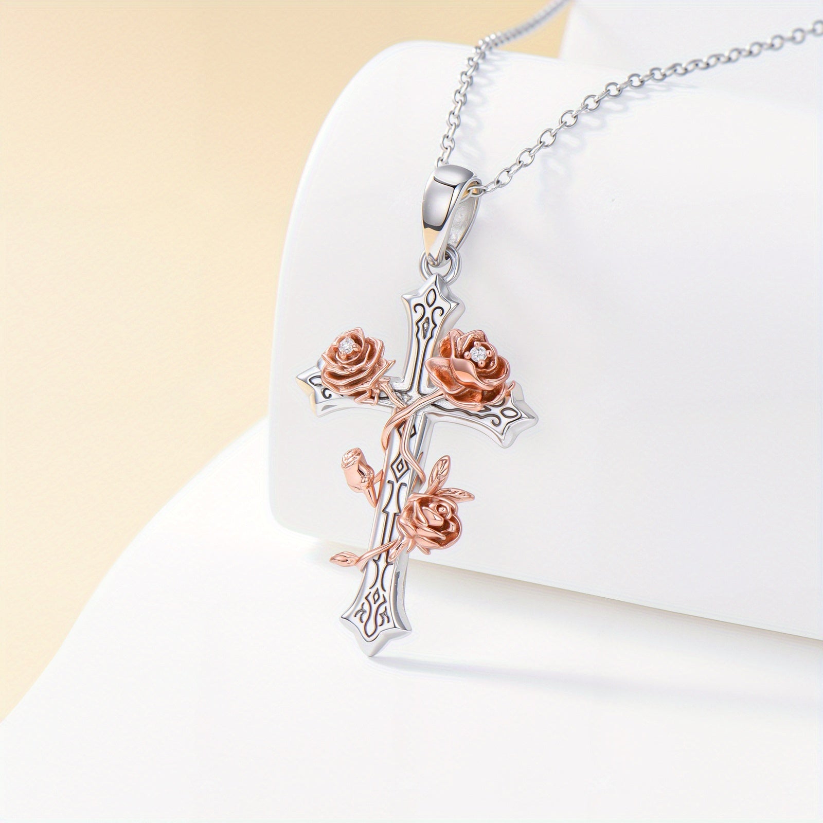 Elegant 925 Sterling Silver Cross Pendant Necklace with Lab-Grown Diamonds and Floral Accents - Ideal Gift for Mother, Wife, Girlfriend, Everyday Jewelry|Elegant Necklace|Detailed Craftsmanship
