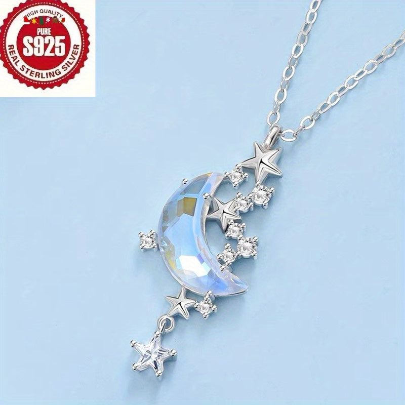 925 Silver Moon Splashing Star River Necklace for Women, Aurora Glazed Stone Star and Moon Pendant Clavicle Chain, Non-Fading Color, Suitable for Banquets, Parties, Daily Wear - Elegant, Sexy, Luxurious, Suitable as Valentine's Day or Birthday Gifts