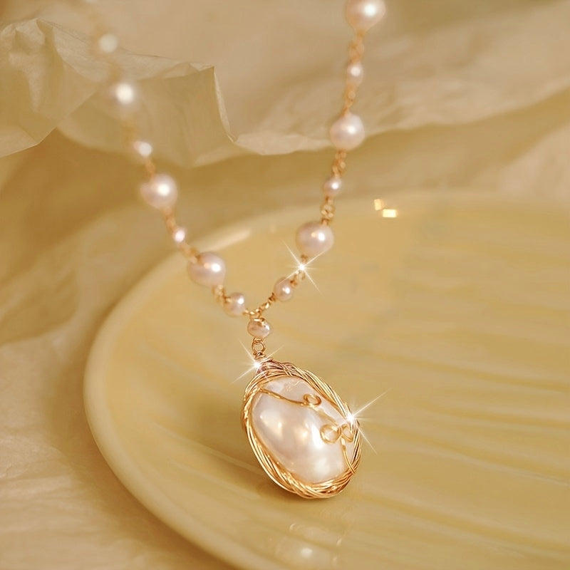 Freshwater Pearls Necklace Vintage-Inspired Freshwater Pearls Necklace for Women | Baroque Freshwater Pearls & Alloy Chain, Minimalist Elegant Design | for Parties, Valentine's Day, Year-Round Versatile Jewelry