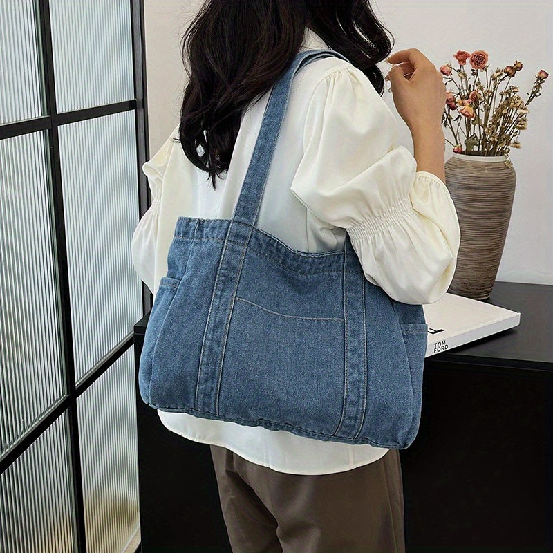 Women'S Denim Tote Bag - Casual Blue Canvas Shoulder Bag with \