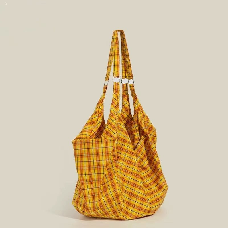 2025 Yellow Plaid Canvas Tote Bag for Women - Large Capacity, Lightweight, Double-Sided Shoulder Handbag with Adjustable Strap, Vintage Commuter Shopping Bag, Casual Daypack | Vintage Plaid Design | Durable Canvas Material, Large Tote Bag