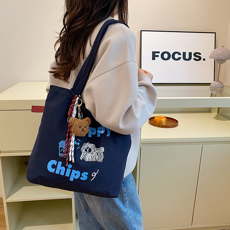 Women'S Trendy Korean-Style Canvas Tote Bag with Embroidered \