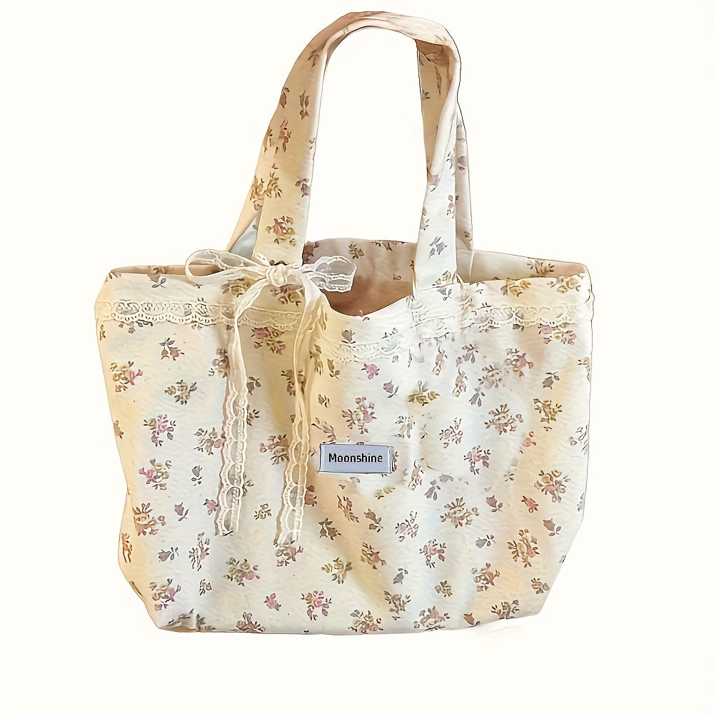 Large Capacity Floral Print Tote Bag with Lace Bow & Pink Heart Patch - Anime-Inspired Women'S Shoulder Bag, 12. 99x7. 87x2. 95in, Machine Washable Open Top for Shopping, Work, Beach, Everyday Carryall, Animeinspired Design, Polyester Lined Interior