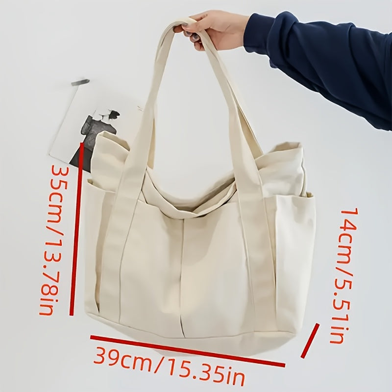 Women's Casual Tote Bag - Spacious Open-Top Shoulder Bag with Navy Blue Sleeves, Durable Beige & Black Handbag for Everyday Use, Shopping, Work & Outings, Sturdy Handles