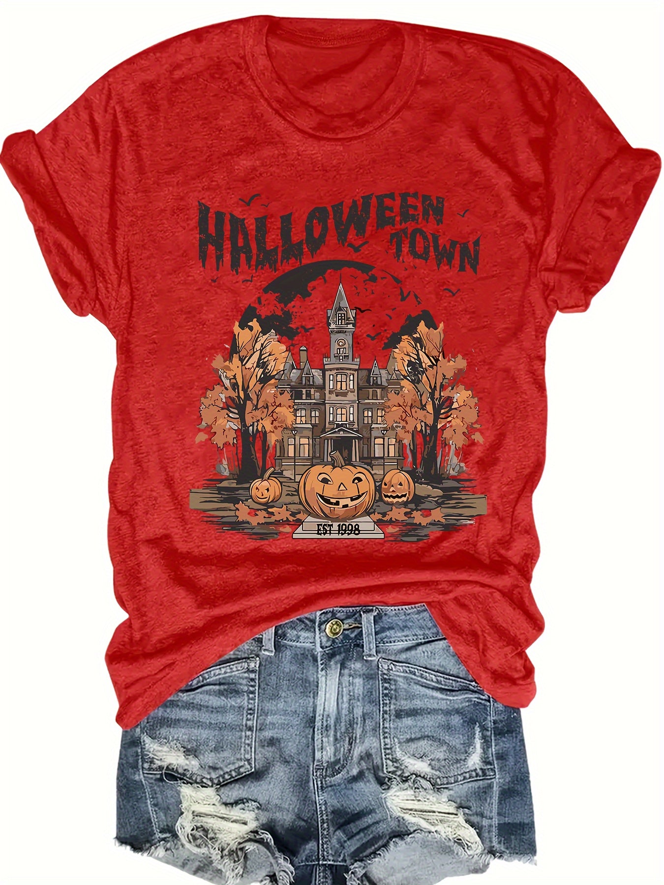 Women's Plus Size Halloween Town Graphic T-Shirt - Short Sleeve Round Neck Casual Top with Spooky Mansion