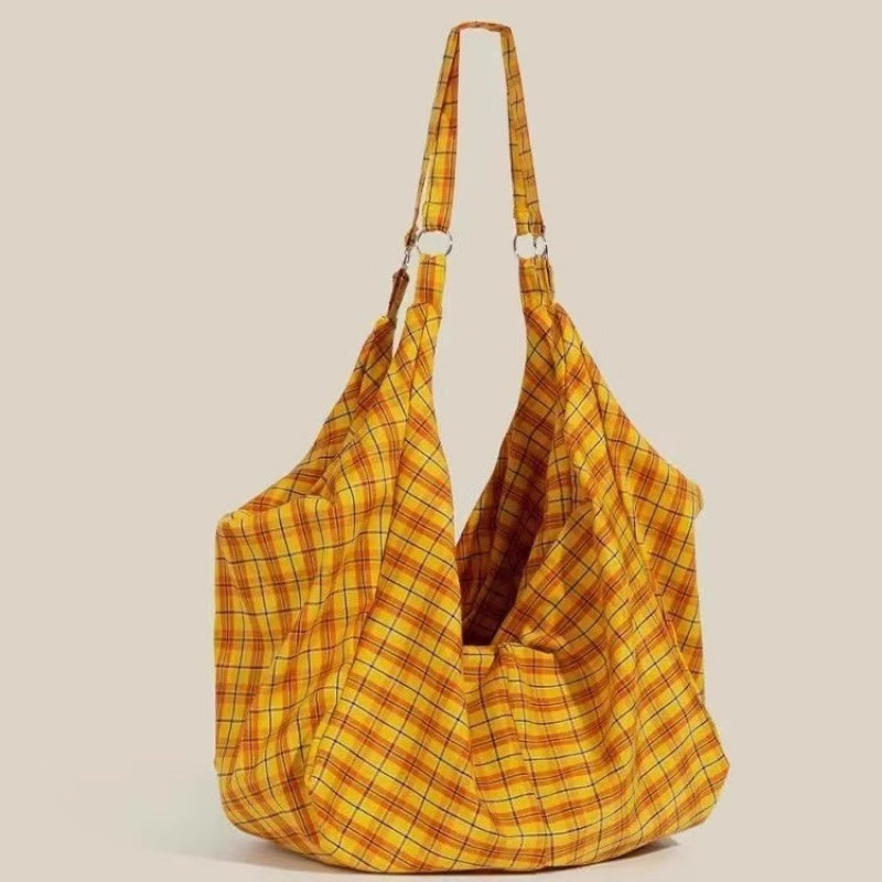 2025 Yellow Plaid Canvas Tote Bag for Women - Large Capacity, Lightweight, Double-Sided Shoulder Handbag with Adjustable Strap, Vintage Commuter Shopping Bag, Casual Daypack | Vintage Plaid Design | Durable Canvas Material, Large Tote Bag