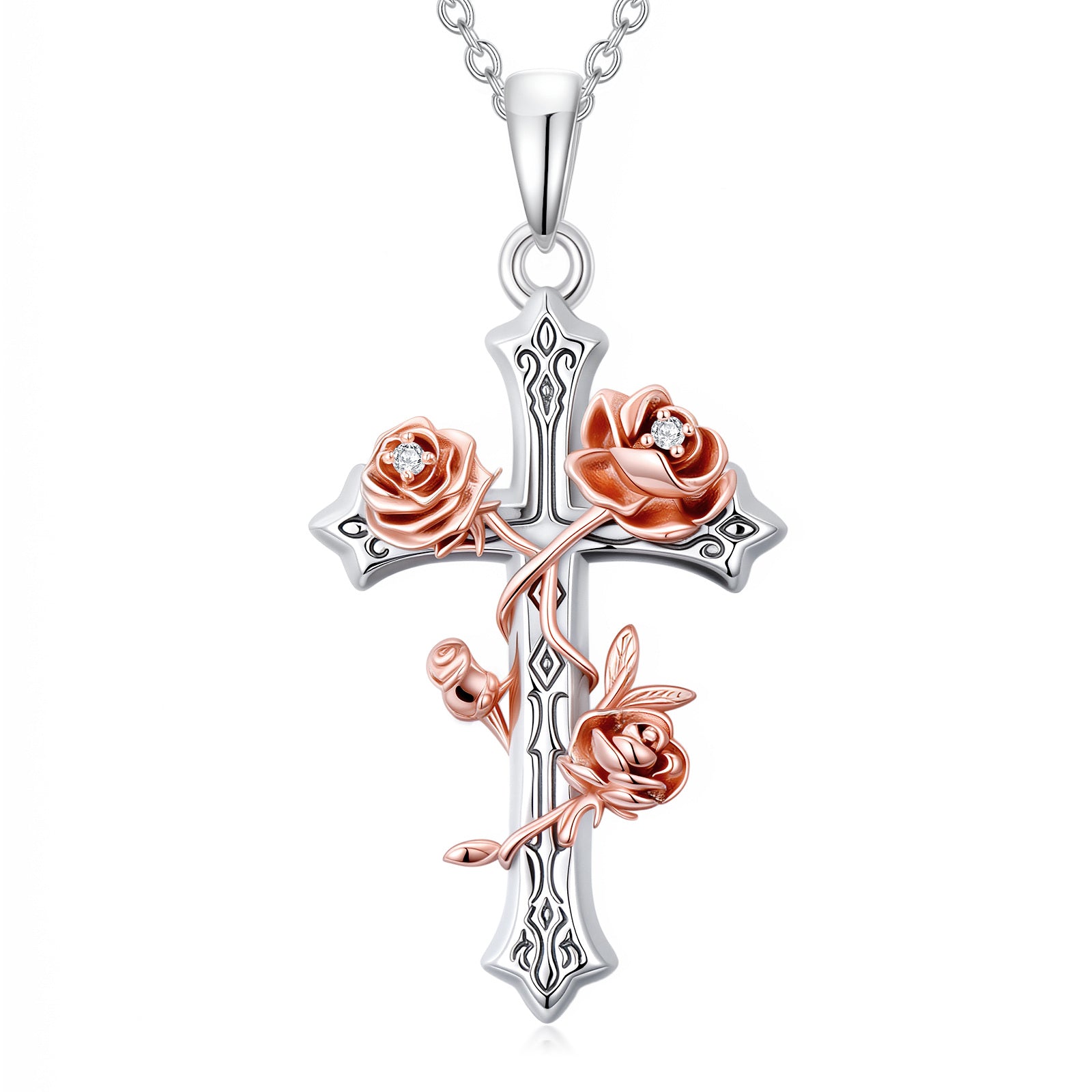 Elegant 925 Sterling Silver Cross Pendant Necklace with Lab-Grown Diamonds and Floral Accents - Ideal Gift for Mother, Wife, Girlfriend, Everyday Jewelry|Elegant Necklace|Detailed Craftsmanship