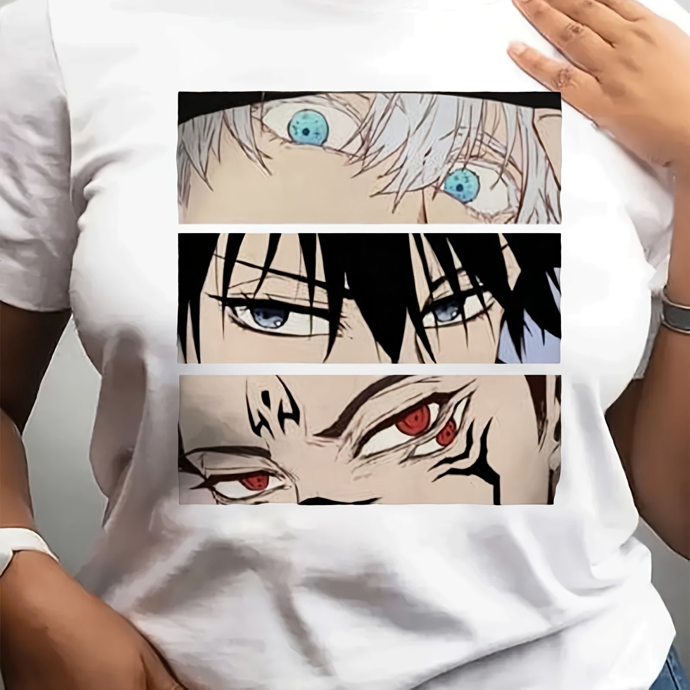 Plus Size, Plus-Size Women's Anime Eye Print Casual Short-Sleeve Shirt - 2D Cultural Graphic Tee with Vibrant Character Eyes