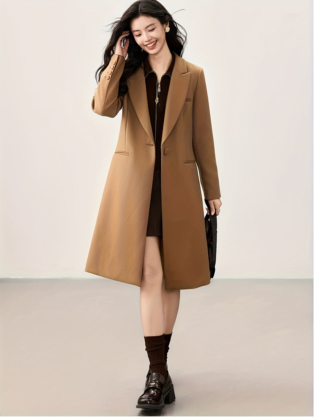 100% Wool Worsted Long Open-Front Coat Elegant for Commuting