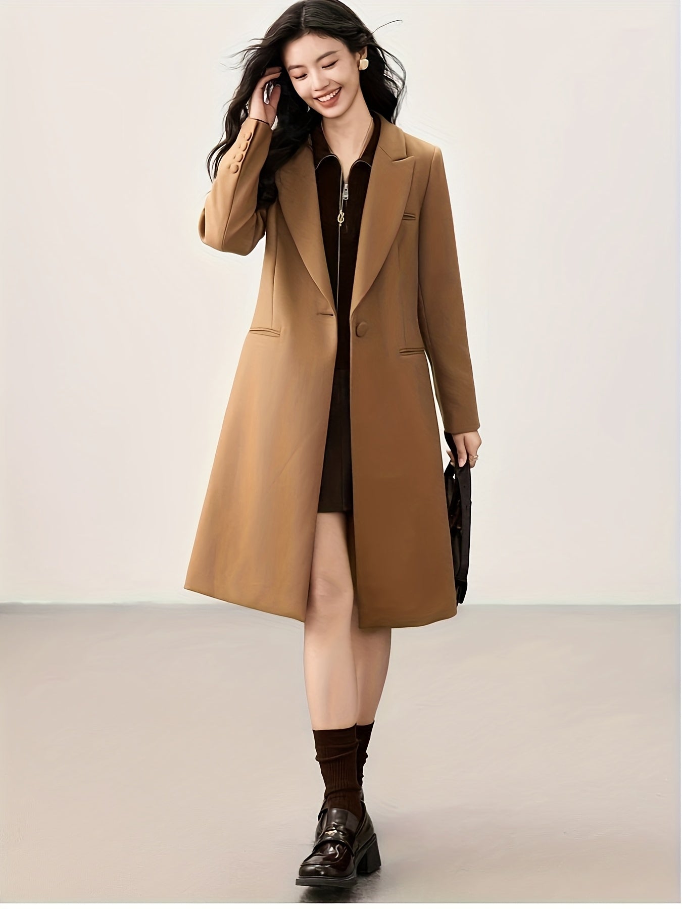 100% Wool Worsted Long Open-Front Coat Elegant for Commuting