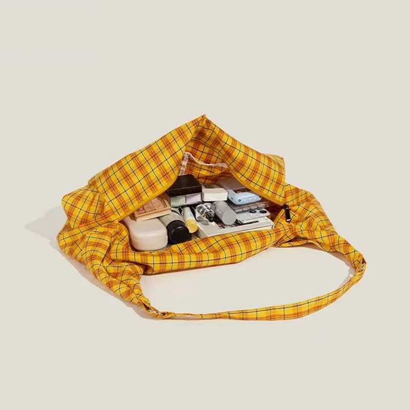 2025 Yellow Plaid Canvas Tote Bag for Women - Large Capacity, Lightweight, Double-Sided Shoulder Handbag with Adjustable Strap, Vintage Commuter Shopping Bag, Casual Daypack | Vintage Plaid Design | Durable Canvas Material, Large Tote Bag