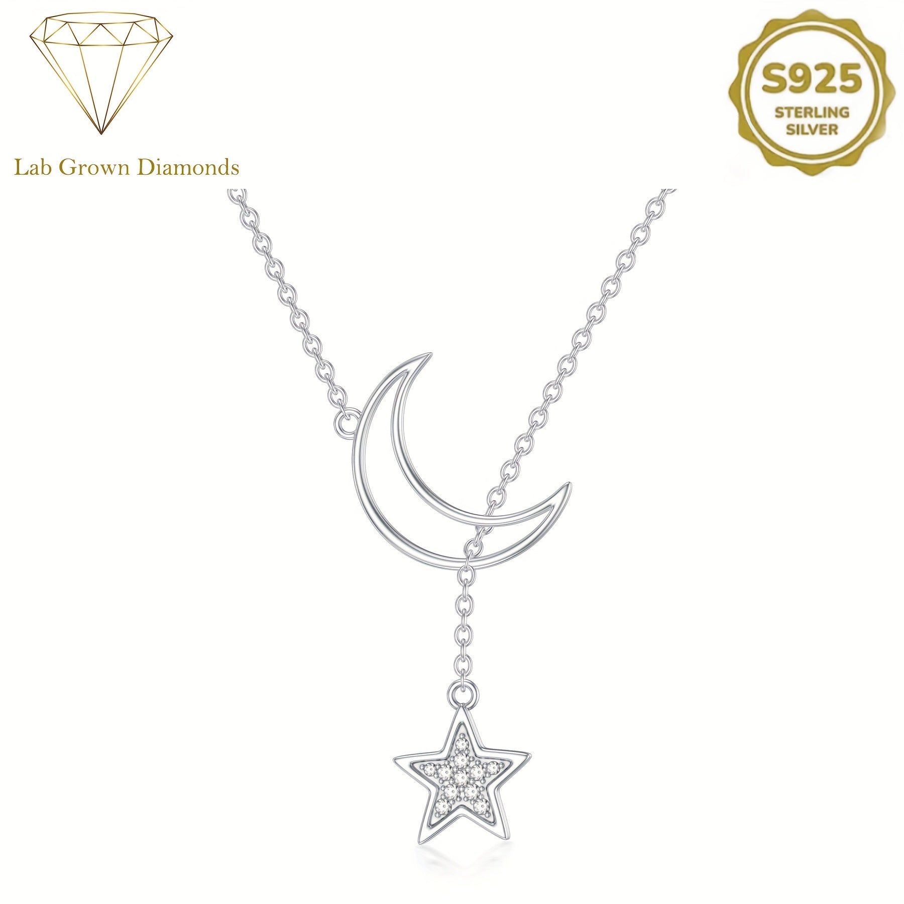 Star and Moon Necklace Sterling Silver Star Pendant Y-Necklace Dainty Jewelry Birthday Gifts for Women Wife