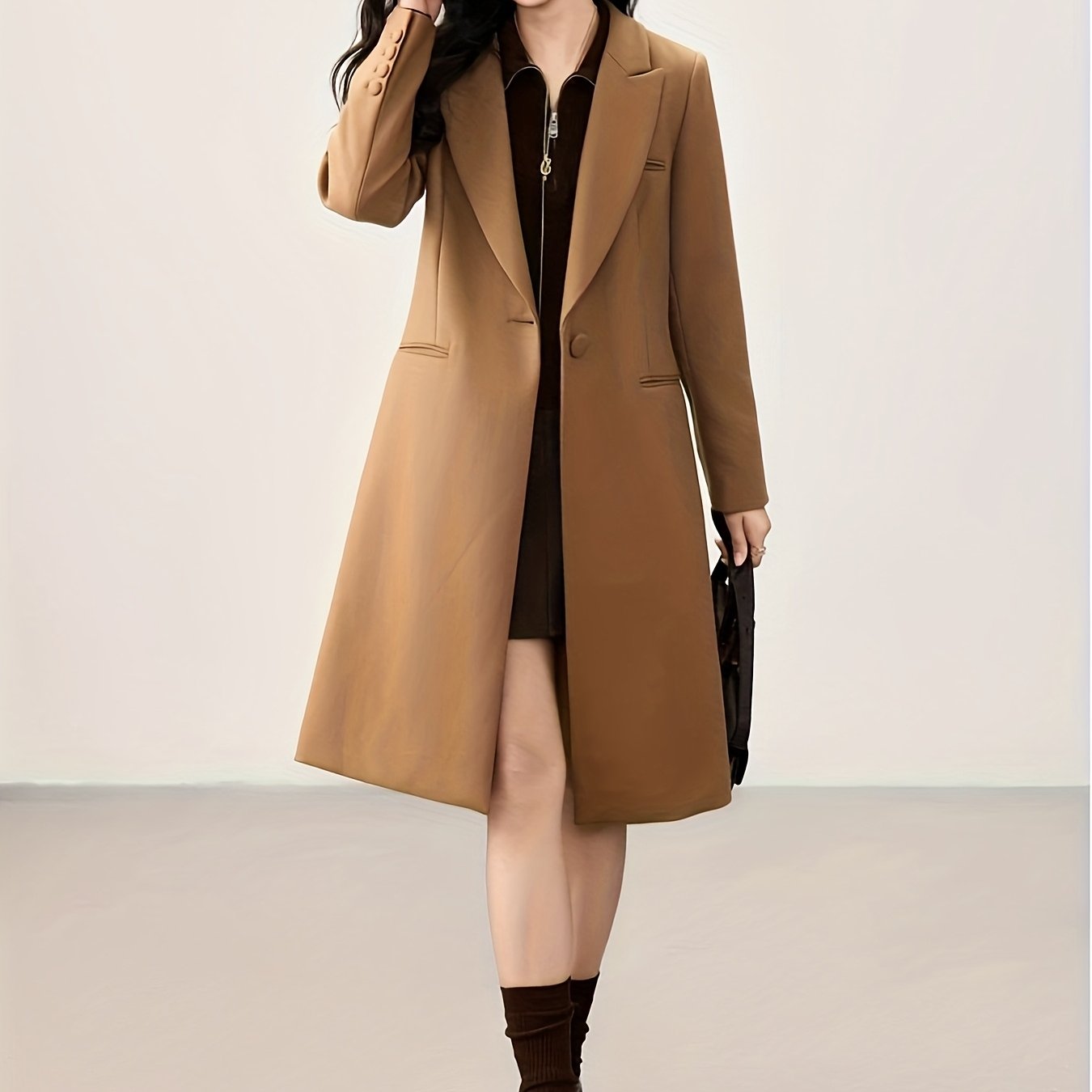 100% Wool Worsted Long Open-Front Coat Elegant for Commuting