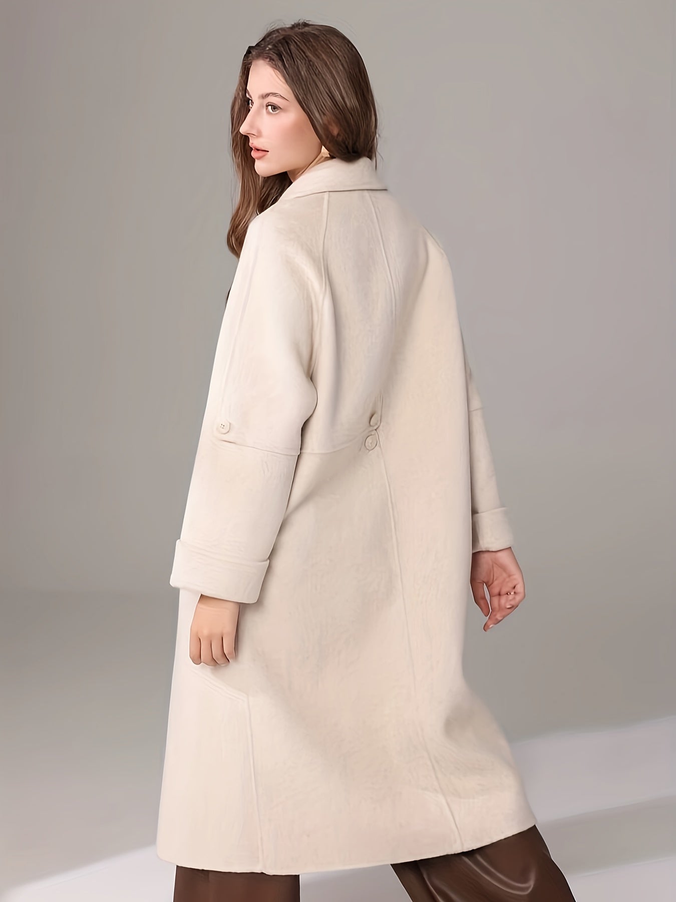 Elegant White Long Coat for Women - Chic Long Sleeve, Button-Up, Flap Pockets, Polyester Blend